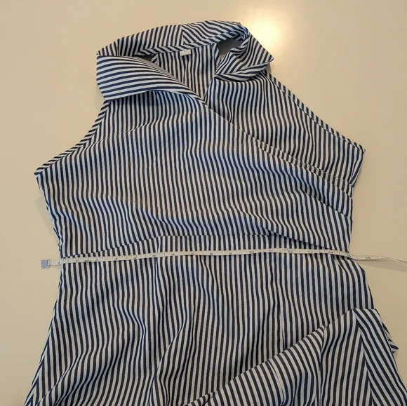 Rihoas Blue White Striped Halter Maxi Dress Collared Wrap Bodice Slit Size L - Picture 4 of 9